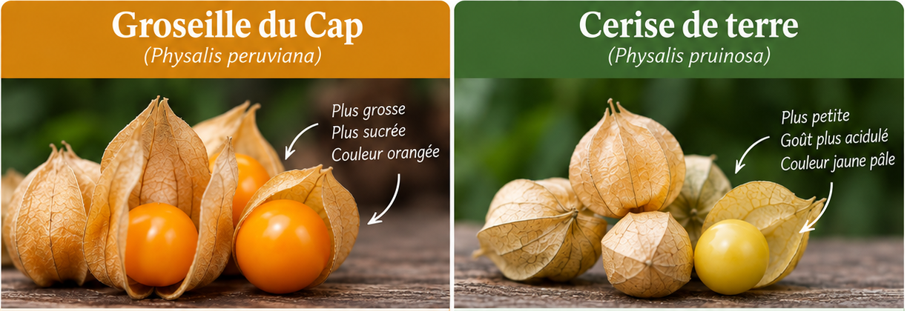 Comparaison entre la groseille du Cap et la cerise de terre montrant leurs différences de taille, de couleur et de goût.